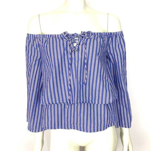 J.O.A. Lace Up Off The Shoulder Stripe Blue Top - Picture 2 of 8